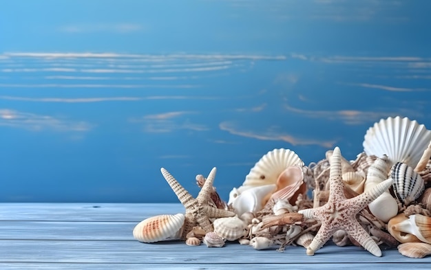 Photo seashells on a blue background with a blue sky in the background