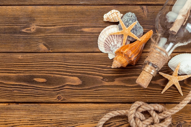 Seashells border on wood, Marine 