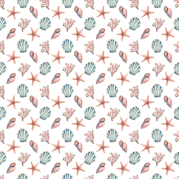 Seashells and corals Watercolor illustration Seamless pattern on a white background For fabric textiles paper packaging beach clothing accessories postcards paper scrapbooking