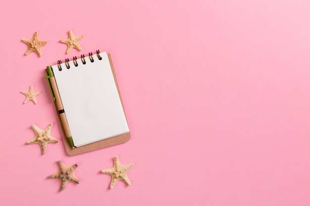 Seashells and a notebook on a pink background