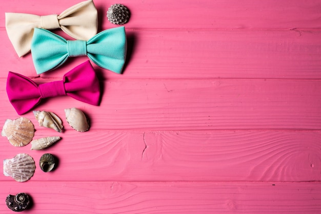 Seashells on pink wooden background