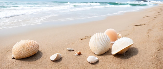 Seashells on the sand of the sea coastline Generative AI