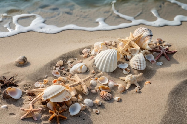 Seashells sand and starfish on the beach created with generative ai