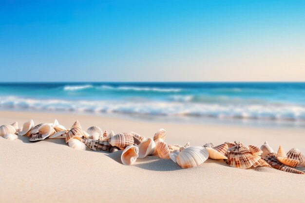 Seashells on the sand at a tropical beach with clear sky