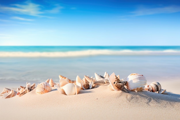 Seashells on the sand at a tropical beach with clear sky