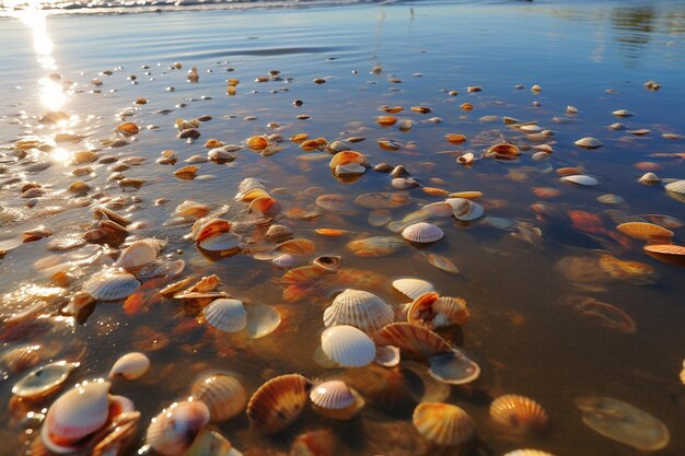 Морские ракушки разбросаны вдоль береговой линии