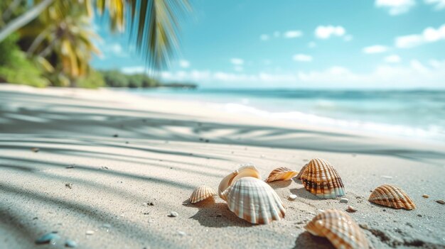 seashells scattered on a tropical beachs golden sands