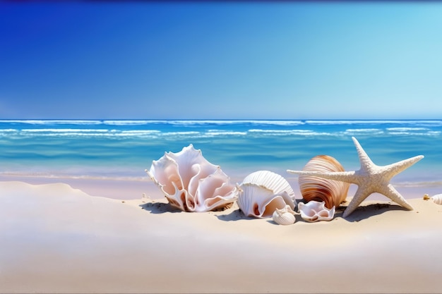 Seashells on seashore beach with blue sky holiday background generative ai
