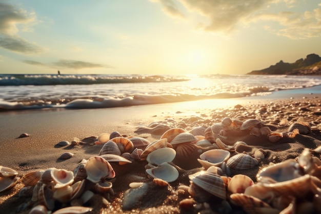 Seashells shine on a beach creating an exotic tropical vacation scenery