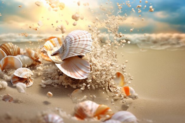 seashells splash on sea and sand background