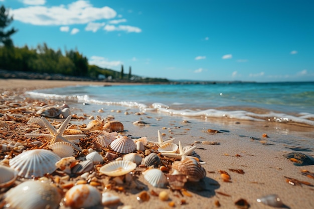 Seashells and starfish on the beach Summer background generative ai