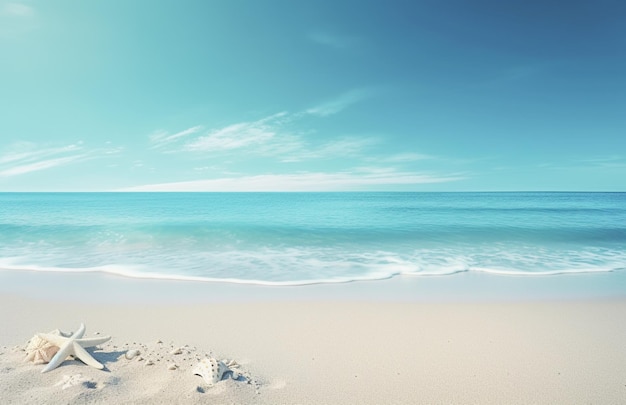 Seashells and starfish on the beautiful tropical beach and sea with blue sky background Summer vacation concept