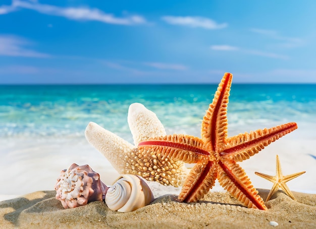 Seashells and starfish on the beautiful tropical beach and sea with blue sky background