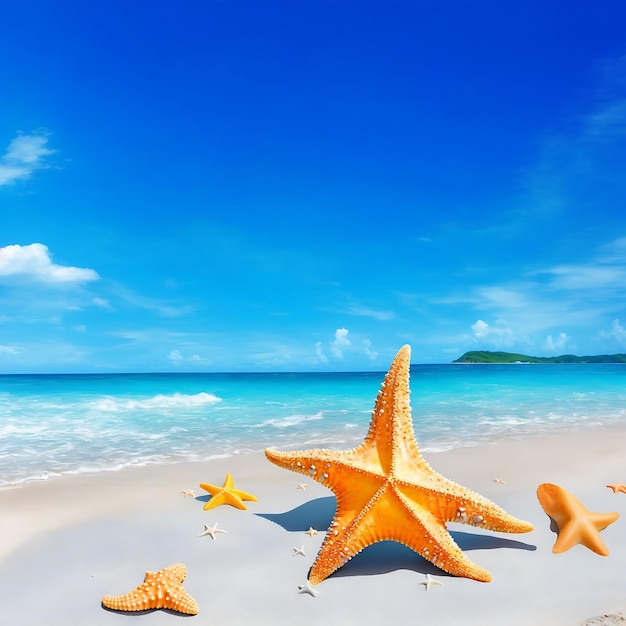 seashells and starfish on the beautiful tropical beach and sea with blue sky