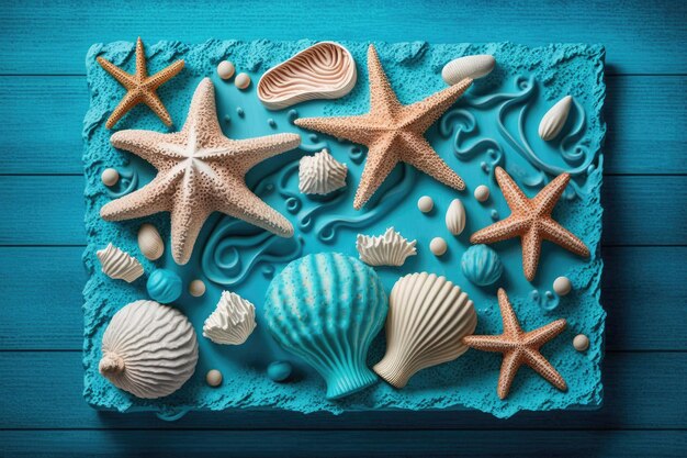 Photo seashells and starfish on a blue background generative ai