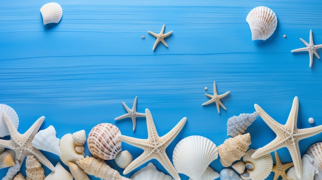 Seashells starfish on blue background