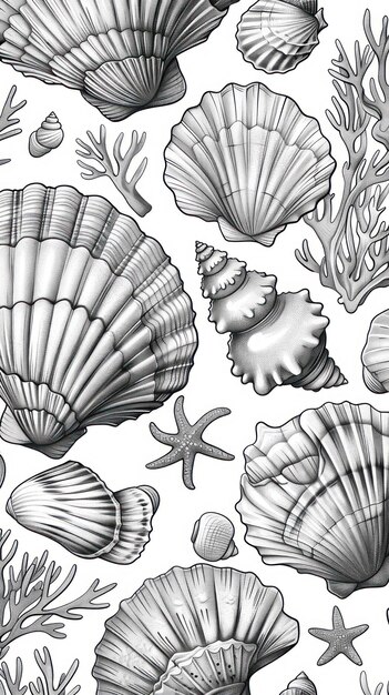 Seashells and Starfish Drawing on White Background