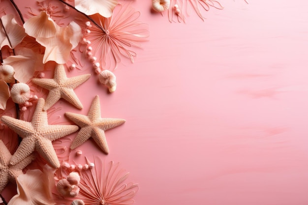 Seashells starfish and palm leaves on pastel background Summer vacation on beach Flat lay
