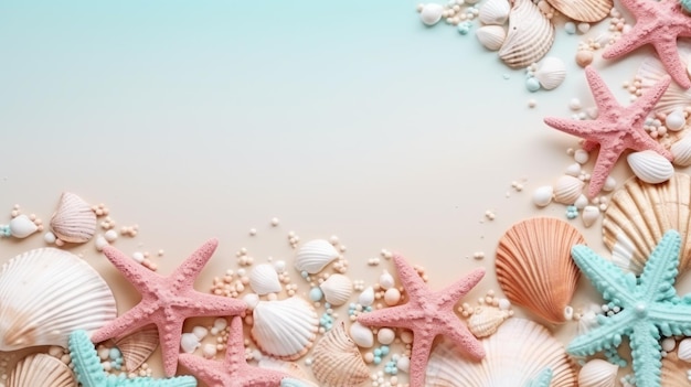 Seashells starfish and pearls in pastel pink and blue colors with copy space