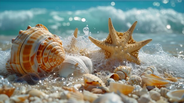 Seashells and Starfish on Sandy Beach With Incoming Wave