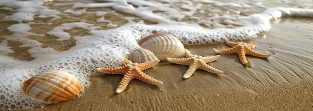 Seashells and starfish on the sandy beach with ocean foam