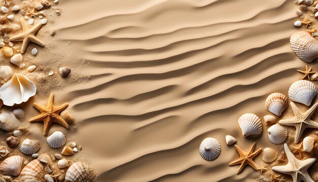 Photo seashells and starfish on a sandy beach