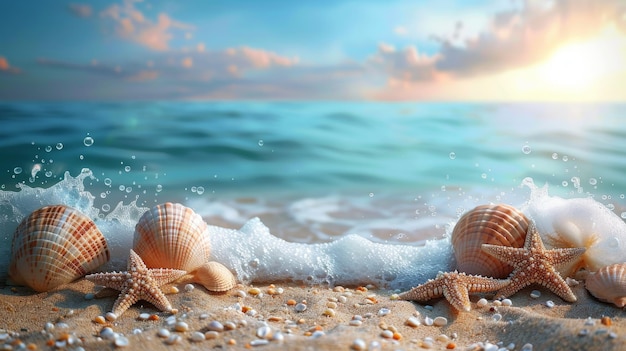 Seashells and Starfish on Sandy Beach