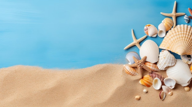 Морские раковины, морские звезды и морские камни на синем фоне Летние каникулы и концепция путешествий Копируйте пространство