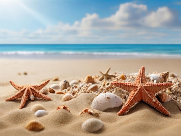 Морские ракушки и морские звезды на солнечном пляже с волнами Концепция летнего отдыха