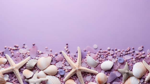 Seashells stones and starfish on a lavender background with space for text