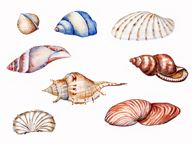 Photo seashells watercolor drawing isolated in white background