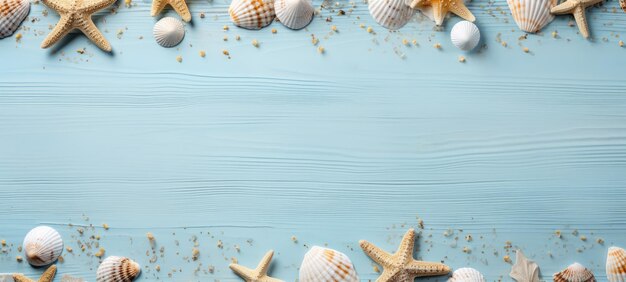 seashells on wood and sand summer