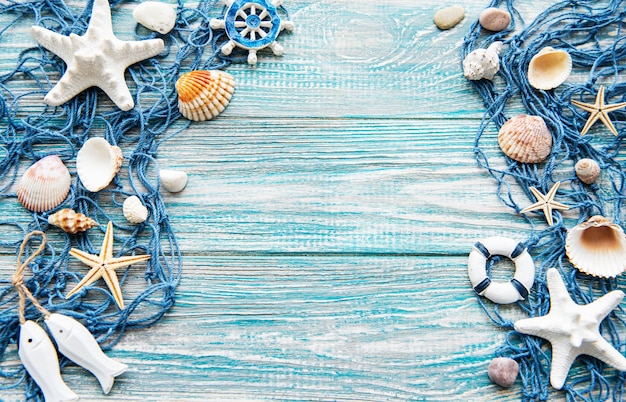 Seashells on wooden planks