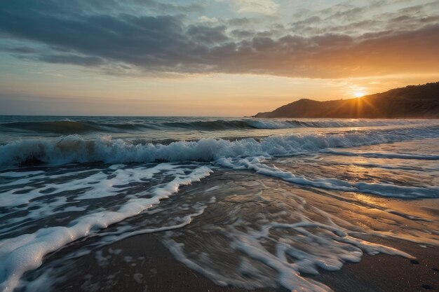 seashore at dawn with the waves gently lapping at the shore