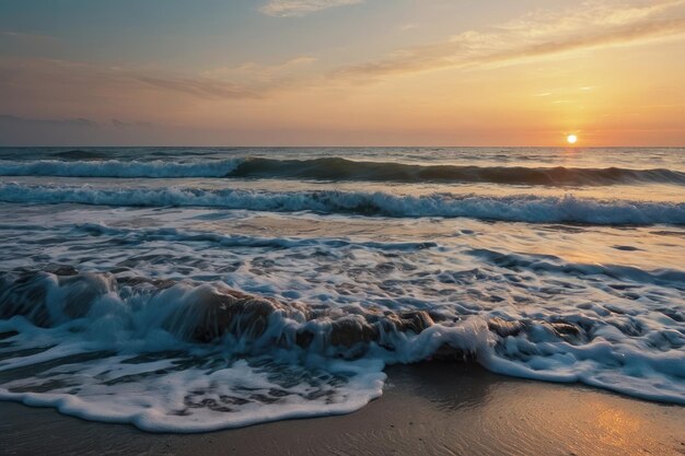 seashore at dawn with the waves gently lapping at the shore