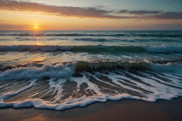 seashore at dawn with the waves gently lapping at the shore