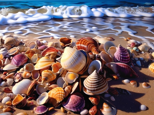 Seashore and multicolored 3D shells of various shapes AI