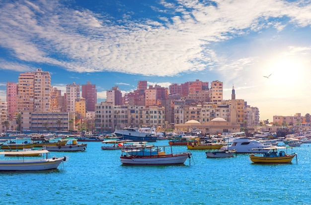 Seashore view of alexandria manar aislam mosque and traditional live buildings egypt