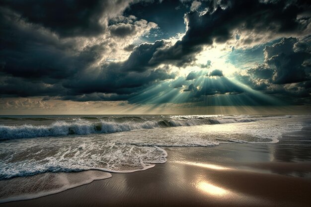 Seashore with sun shining through clouds and onto the waves