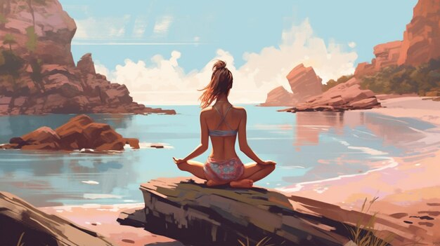 At the seashore a woman practices yoga illustration