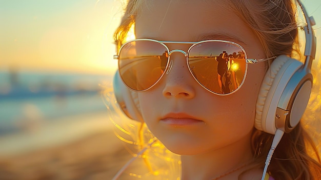 Over a seashore a young lady with headphones and sunglasses is DJing and space Generative AI