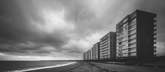 Seaside apartment block in monochrome on a cloudy day