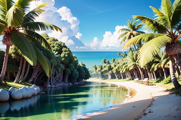 Photo seaside beach coconut palm trees nature landscape wallpaper background illustration ornamental