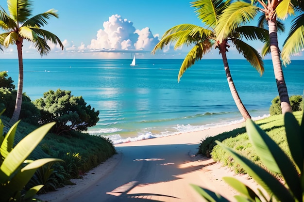 Seaside Beach Coconut Palm Trees Nature Landscape Wallpaper Background Illustration Ornamental