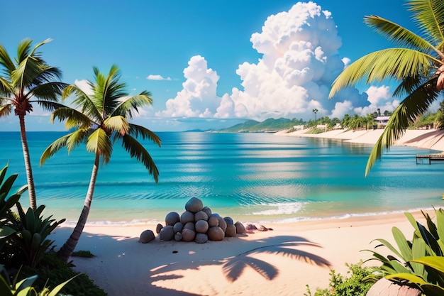 海辺のビーチ ココナッツ・パーム・ツリー 自然の風景 壁紙 背景のイラスト 装飾