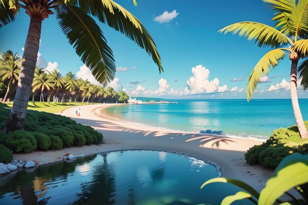 Seaside Beach Coconut Palm Trees Nature Landscape Wallpaper Background Illustration Ornamental