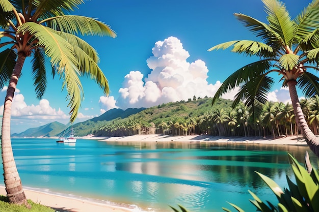 Seaside Beach Coconut Palm Trees Nature Landscape Wallpaper Background Illustration Ornamental