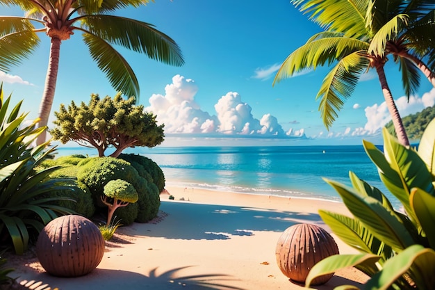 Seaside Beach Coconut Palm Trees Nature Landscape Wallpaper Background Illustration Ornamental