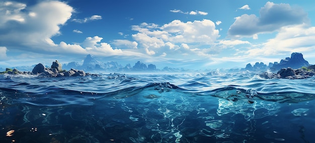 Приморский блаженный океанский фон с голубым небом и солнечным светом