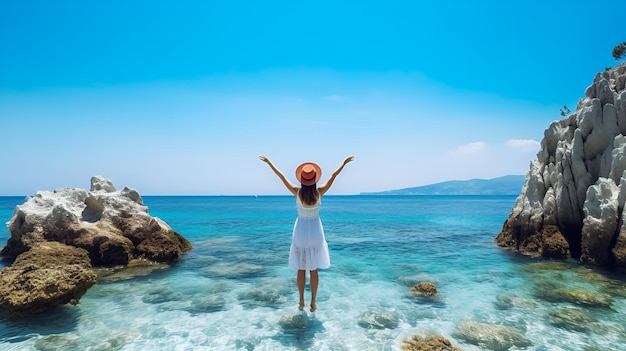 海辺の幸せ 女性は海の岩の上で リラックスした夏の背景を作っています